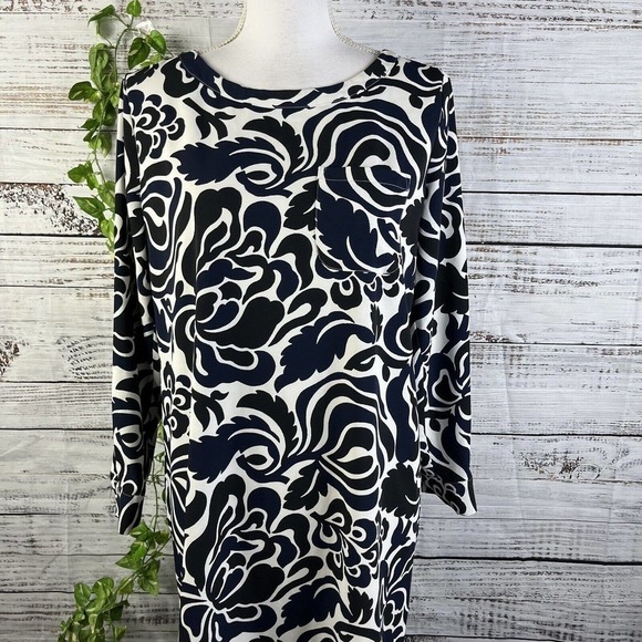 Ann Taylor Loft Dress size Small Black Blue Floral Boho Straight Knee Wedding - Picture 4 of 15